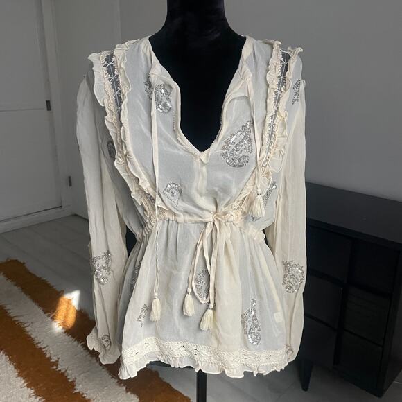 Chan Luu Women's Small Ivory Long Sleeve Blouse Boho Sequin Lace Ruffle - Picture 1 of 11